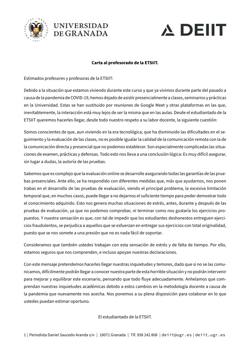 Carta abierta al profesorado de la ETSIIT. Carta abierta al profesorado de la ETSIIT.